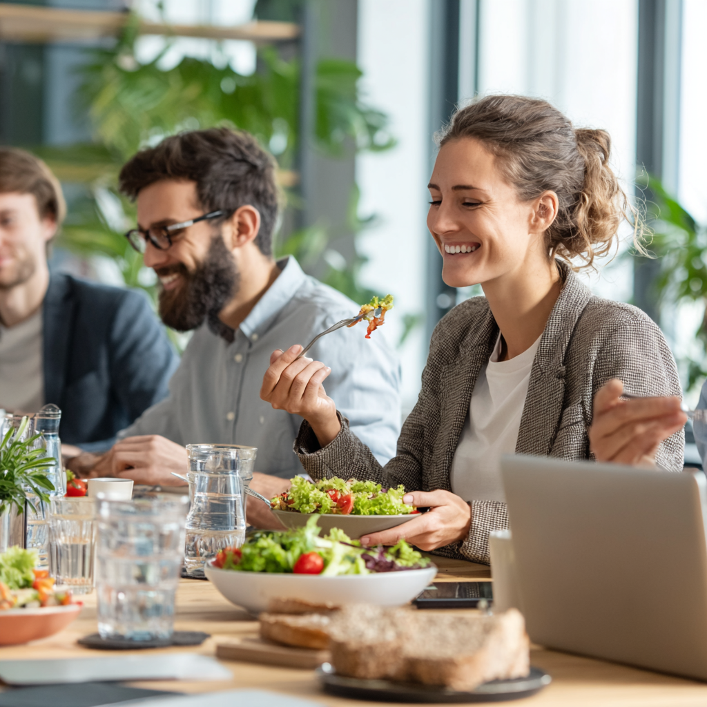 Happy Ukrainian adults enjoying healthy meal together at a wooden table with fresh vegetables and grains