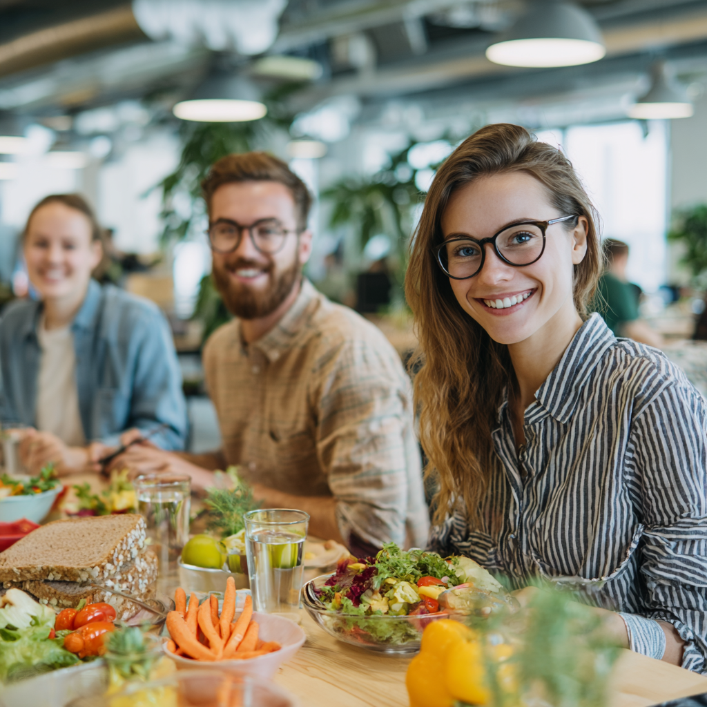 Ukrainian office workers enjoying healthy lunch break together, sitting at modern workplace with nutritious meals and vegetables
